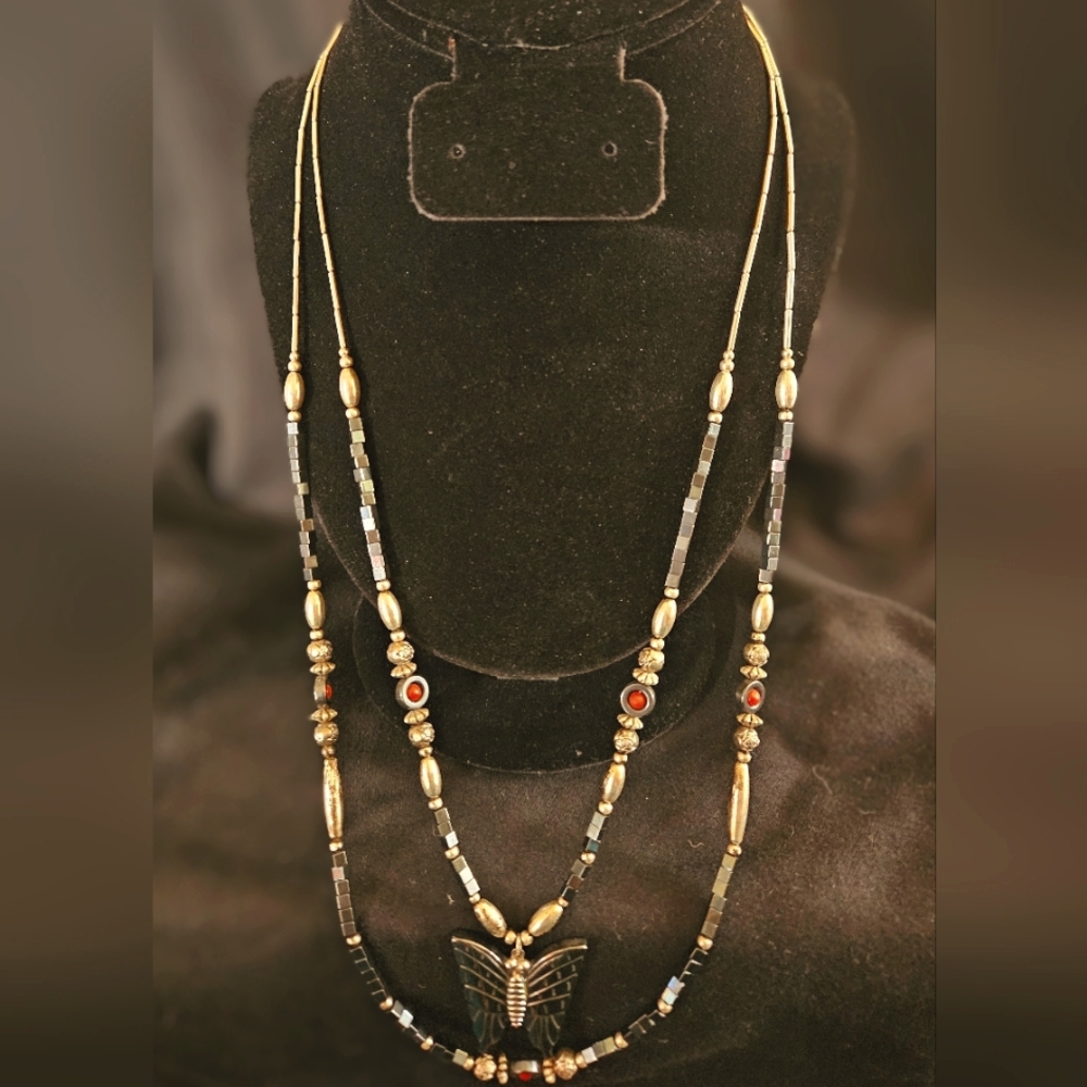 Handmade Native American 2 Strand Butterfly Necklace